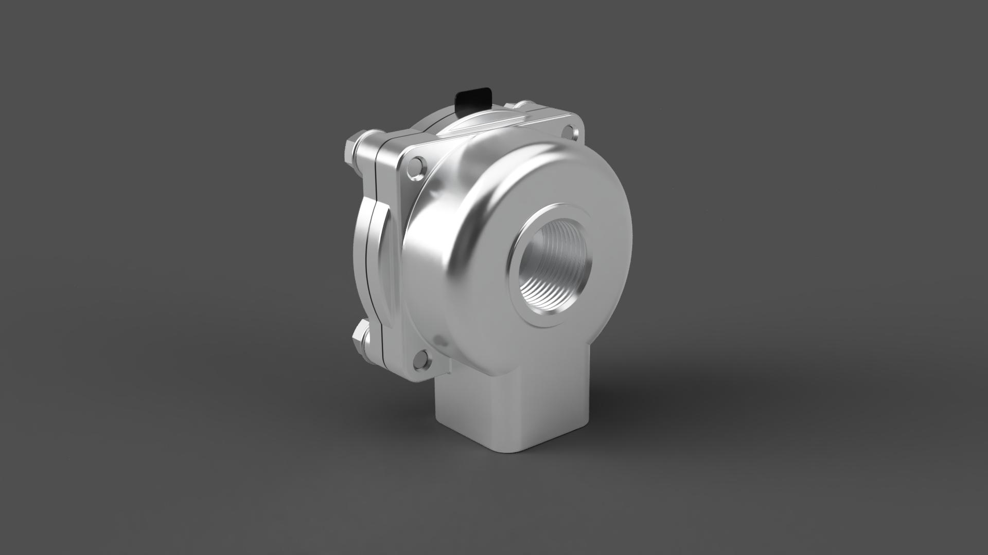 GOYEN RCAC25T4002隔膜阀的3D模型。该阀本身是一个空气脉冲控制阀，用于瞬间喷射空气。阀门有1英寸NPT入口和出口，以及用于脉冲控制的1-8英寸NPT端口